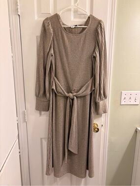 WISP Ribbed Knit Midi Dress with Tie Waist – Taupe/Heather Beige – Size 14